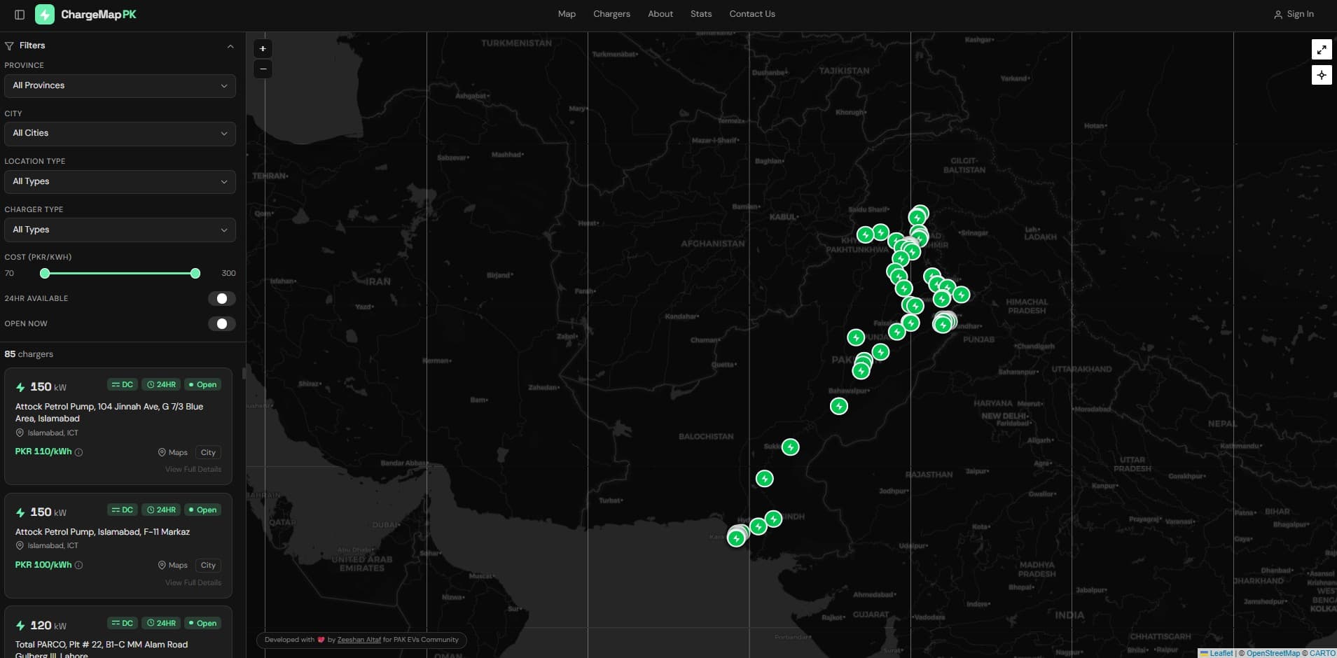 ChargeMap PK interactive Leaflet map with color-coded pins