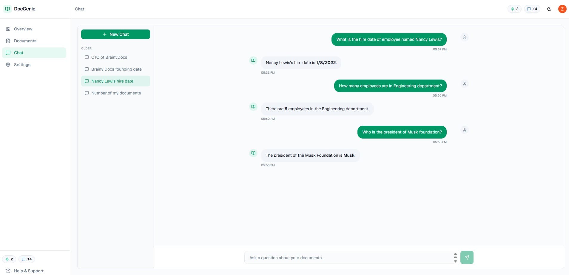DocGenie conversational Q&A over an uploaded document