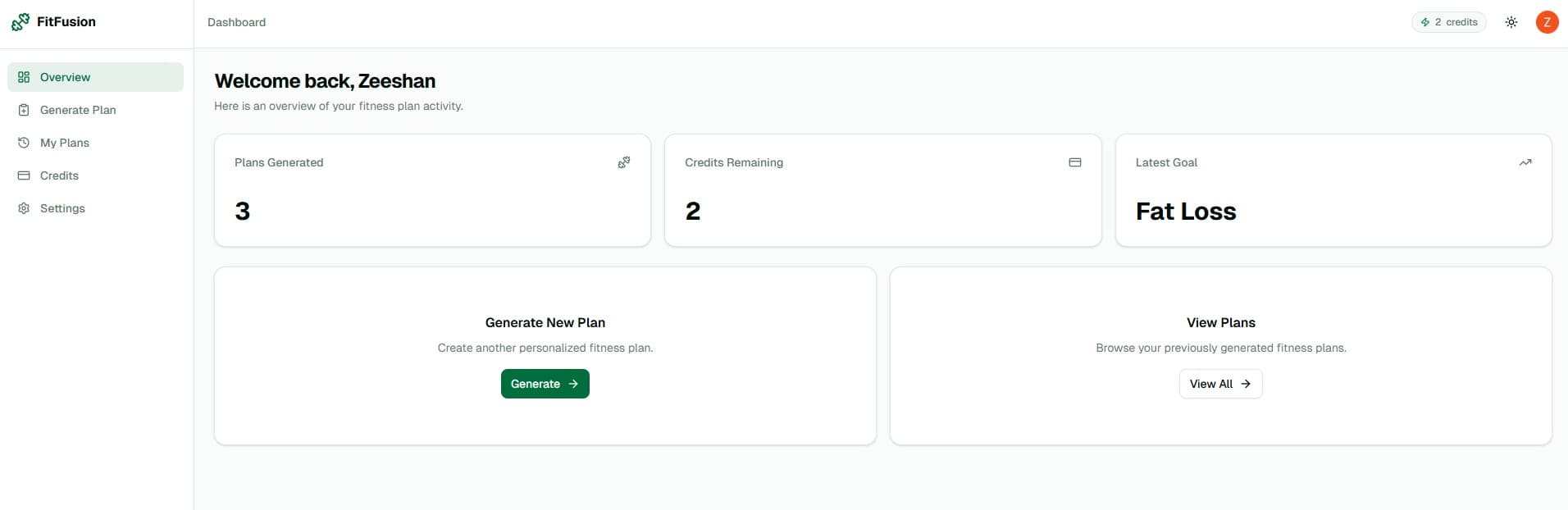 FitFusion dashboard