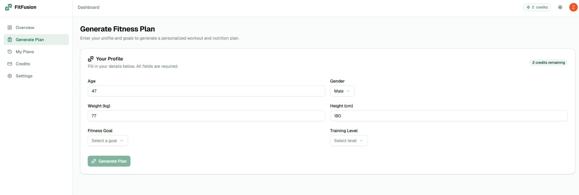 FitFusion generate-plan form
