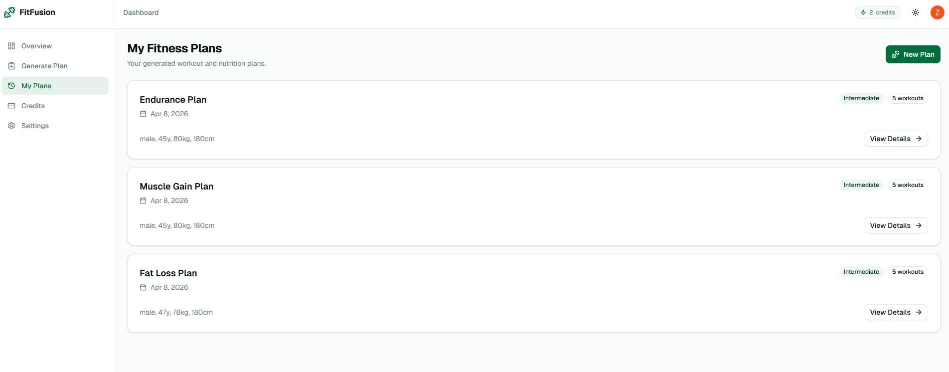 FitFusion saved plans list