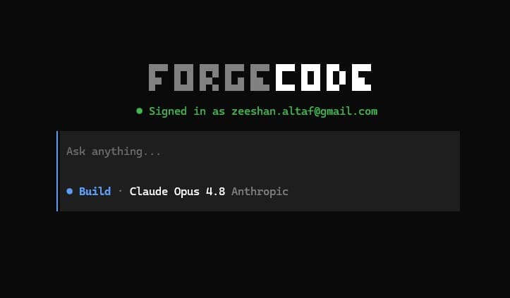 ForgeCode terminal on launch, signed in and waiting in Build mode