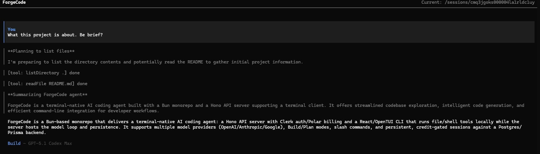 A full ForgeCode agent turn: planning, tool calls, and a summarized answer