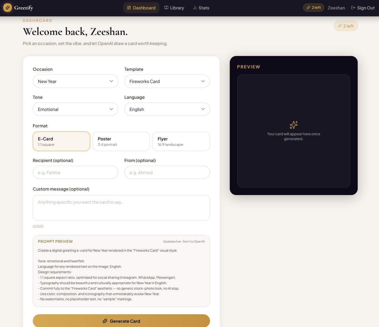 Greetify card generation studio