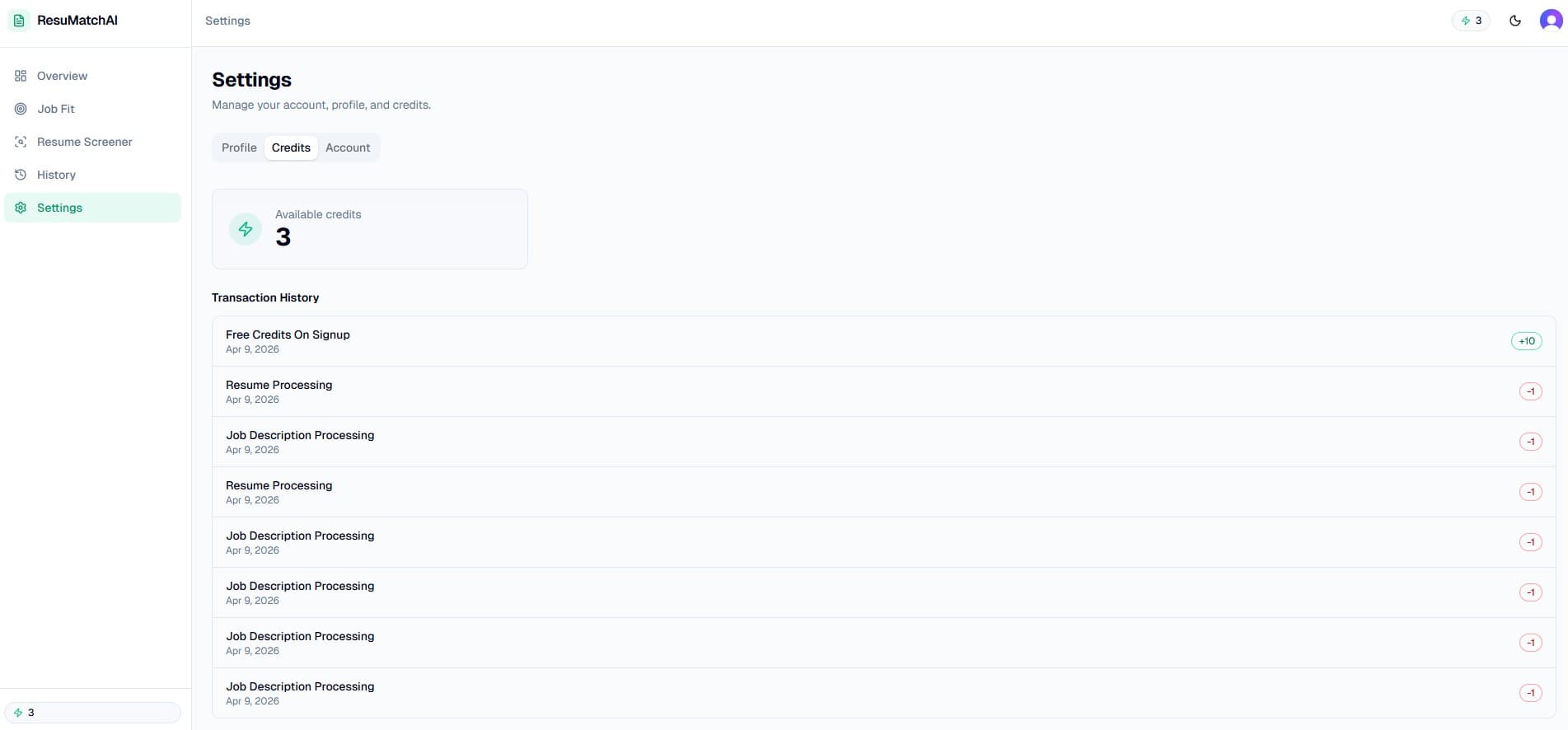 ResuMatchAI credit history