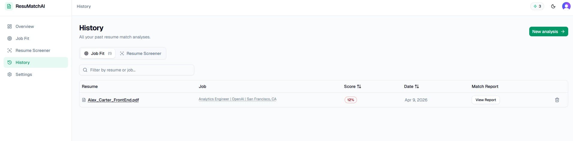 ResuMatchAI match report history