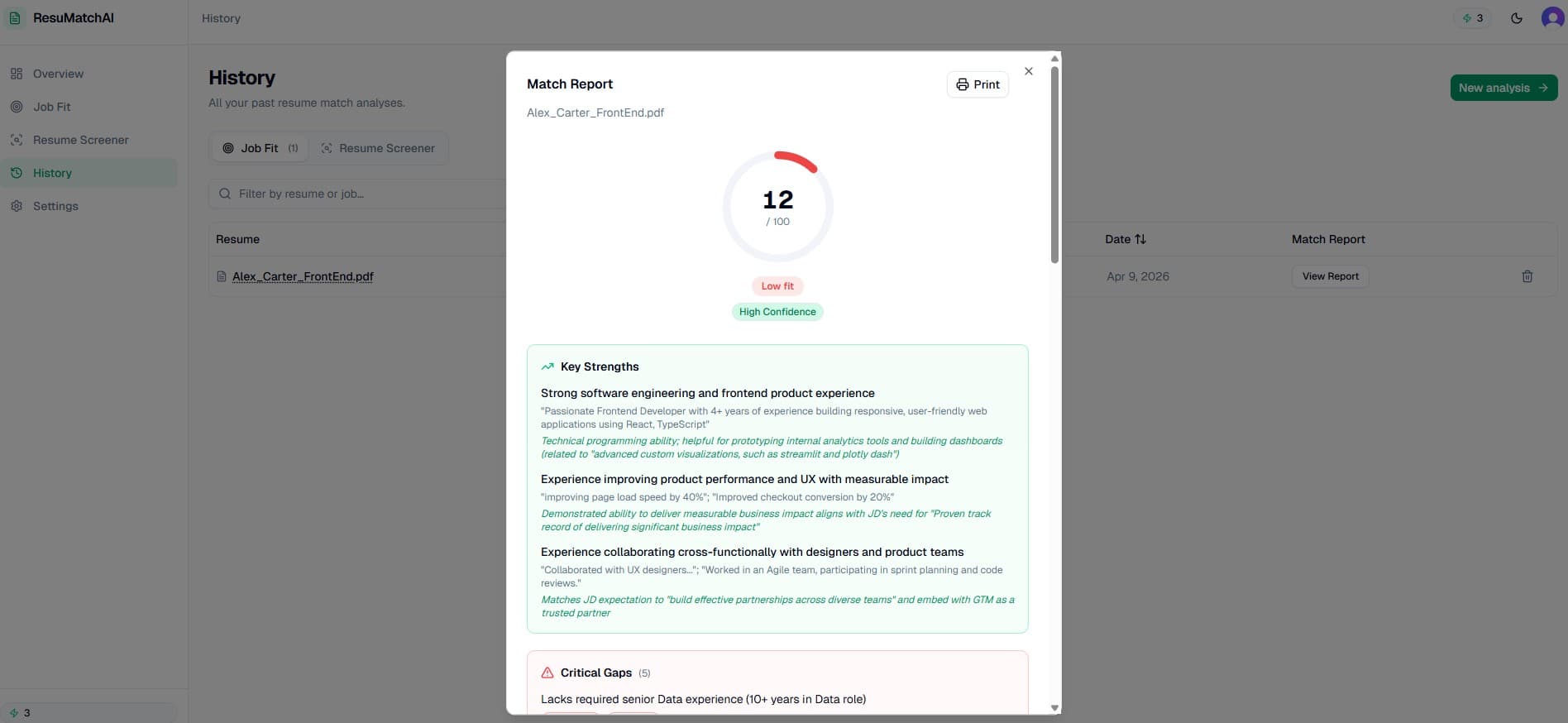 ResuMatchAI match report with score, strengths, and gaps