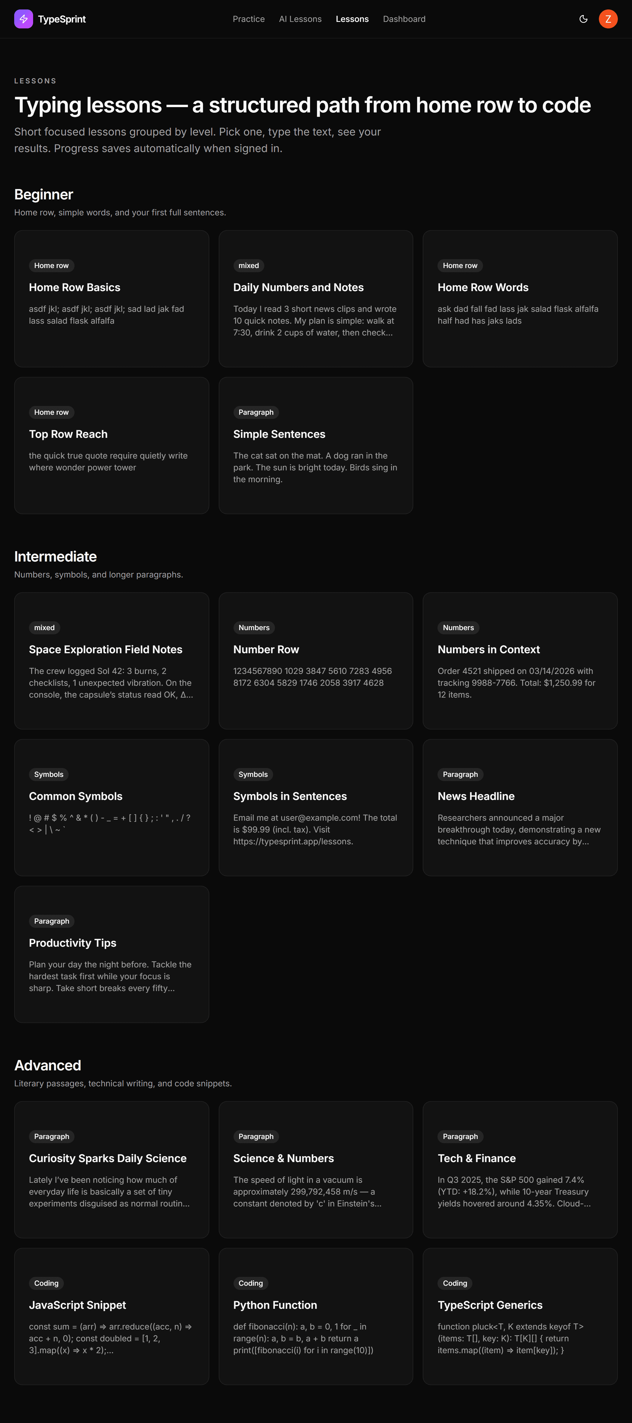 TypeSprint structured lessons