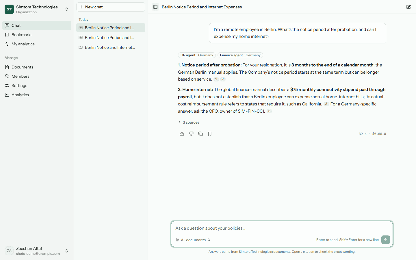 DocuMind chat answering a Berlin employee's policy question with citations