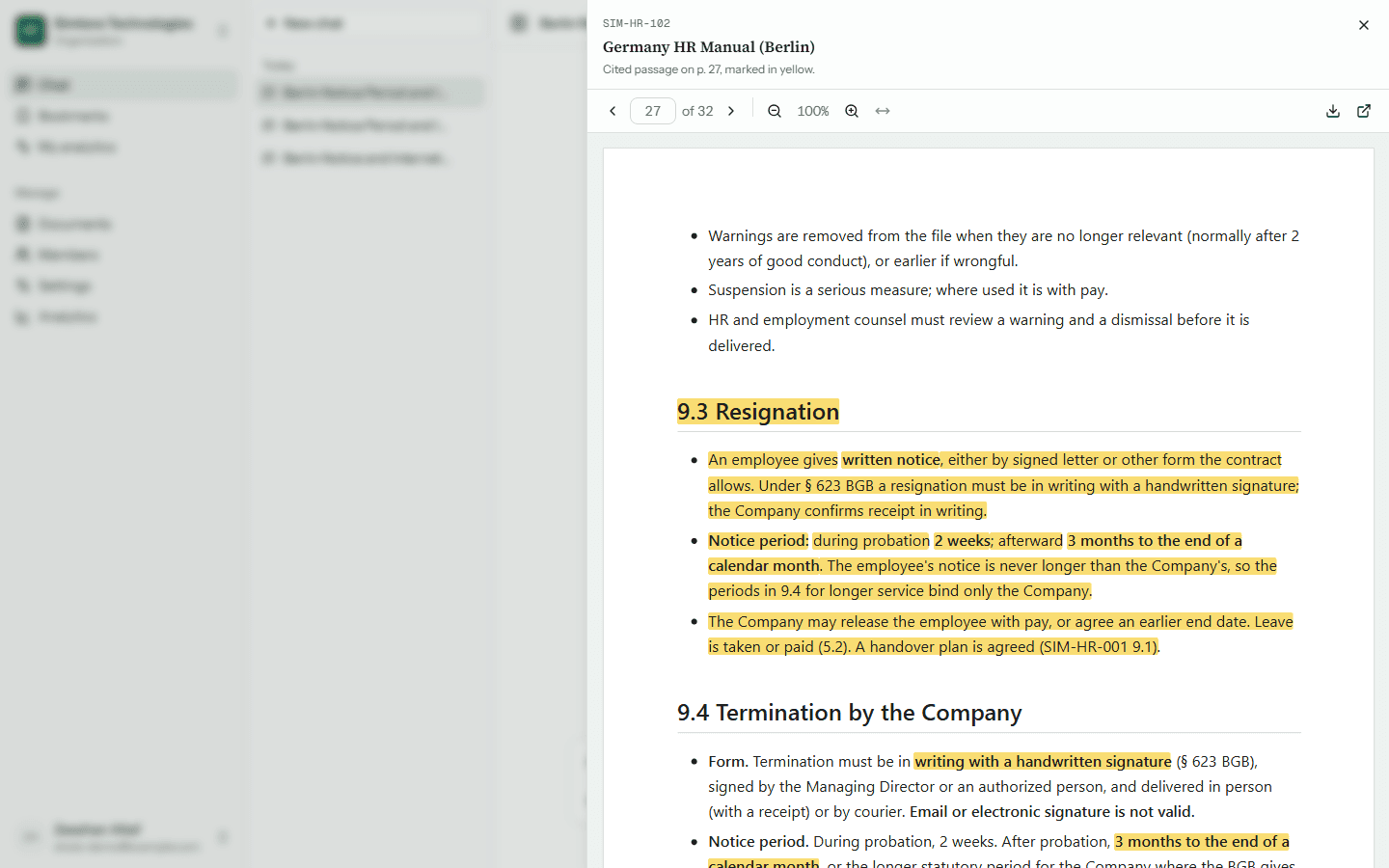 DocuMind citation panel opening the Germany HR manual at the cited page