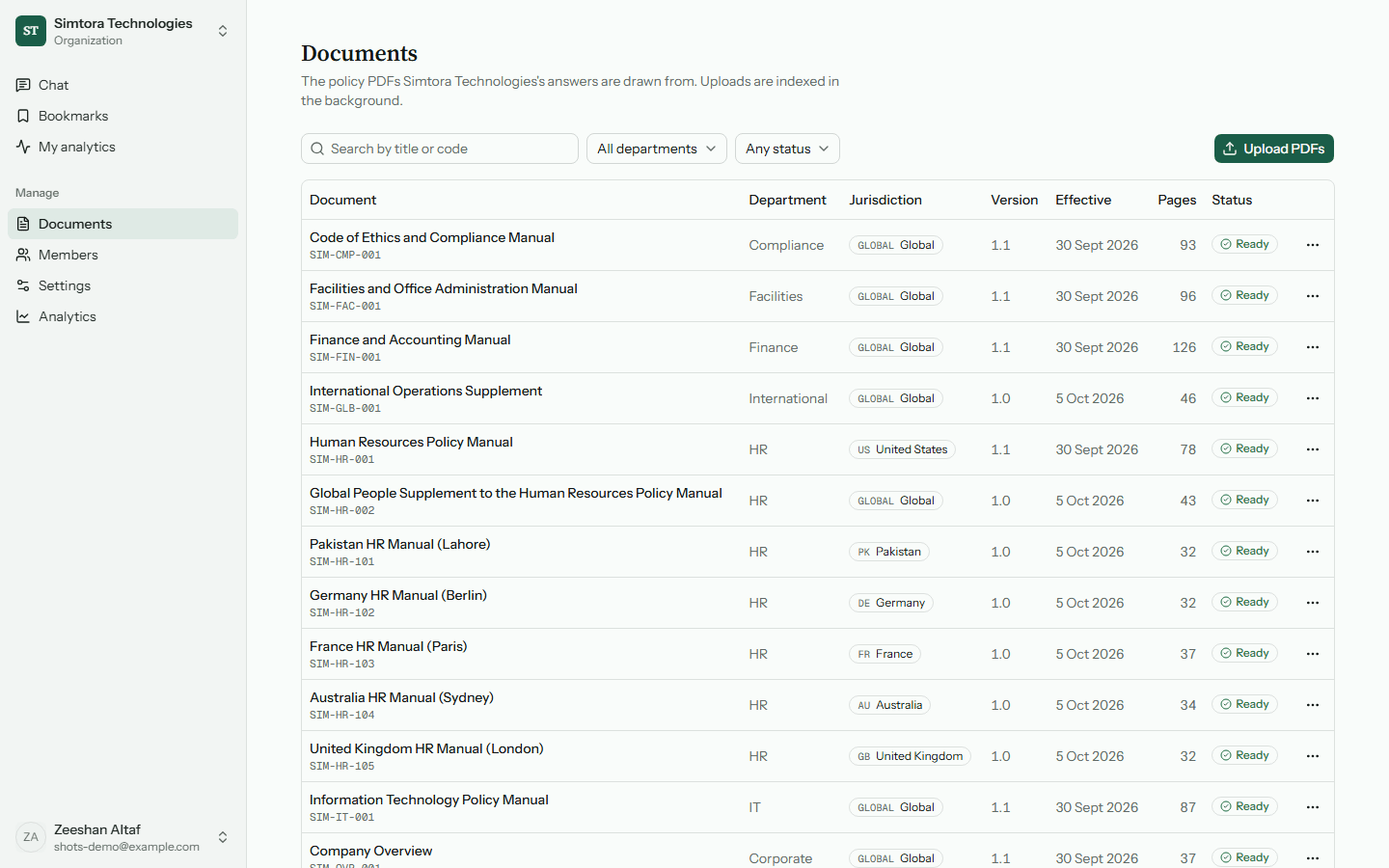 DocuMind documents table with department, jurisdiction, version and indexing status