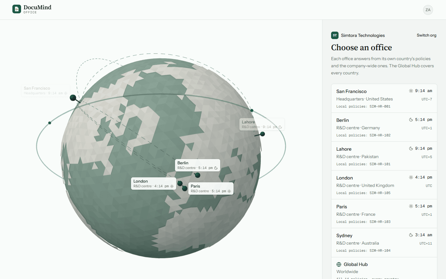 DocuMind 3D Office globe for choosing a city office