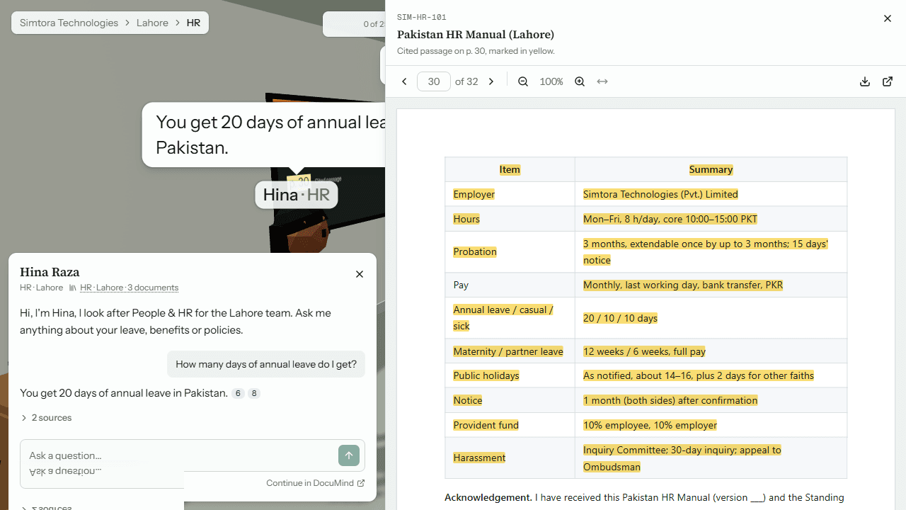 PDF sheet opened from a citation inside the 3D office with the passage highlighted