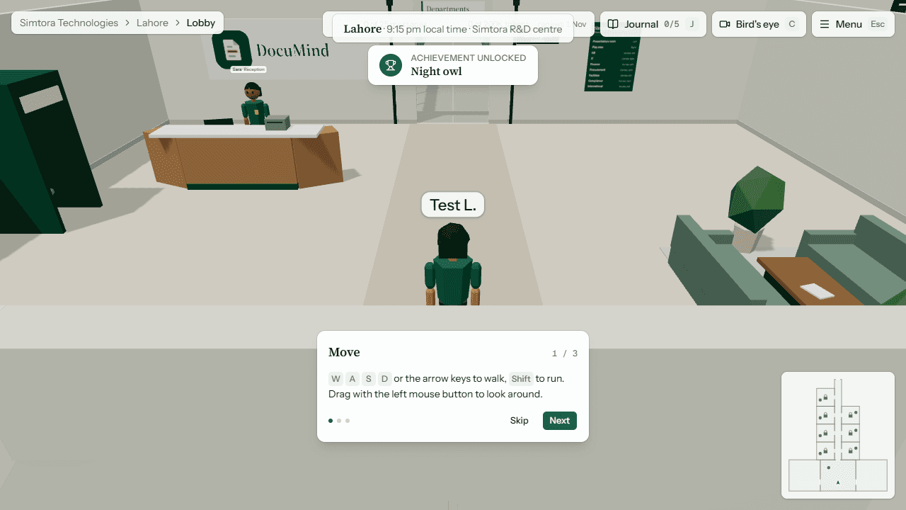 Low-poly 3D lobby with a reception desk and the player avatar