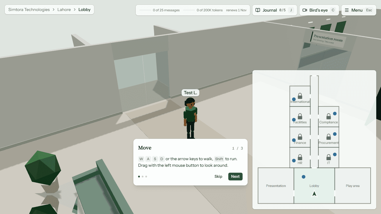 3D office with the floor-plan minimap open