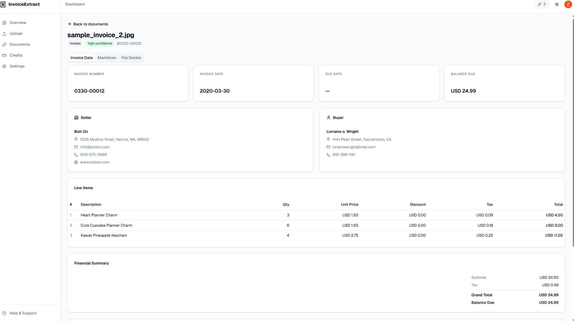 InvoiceExtract structured output for a single invoice