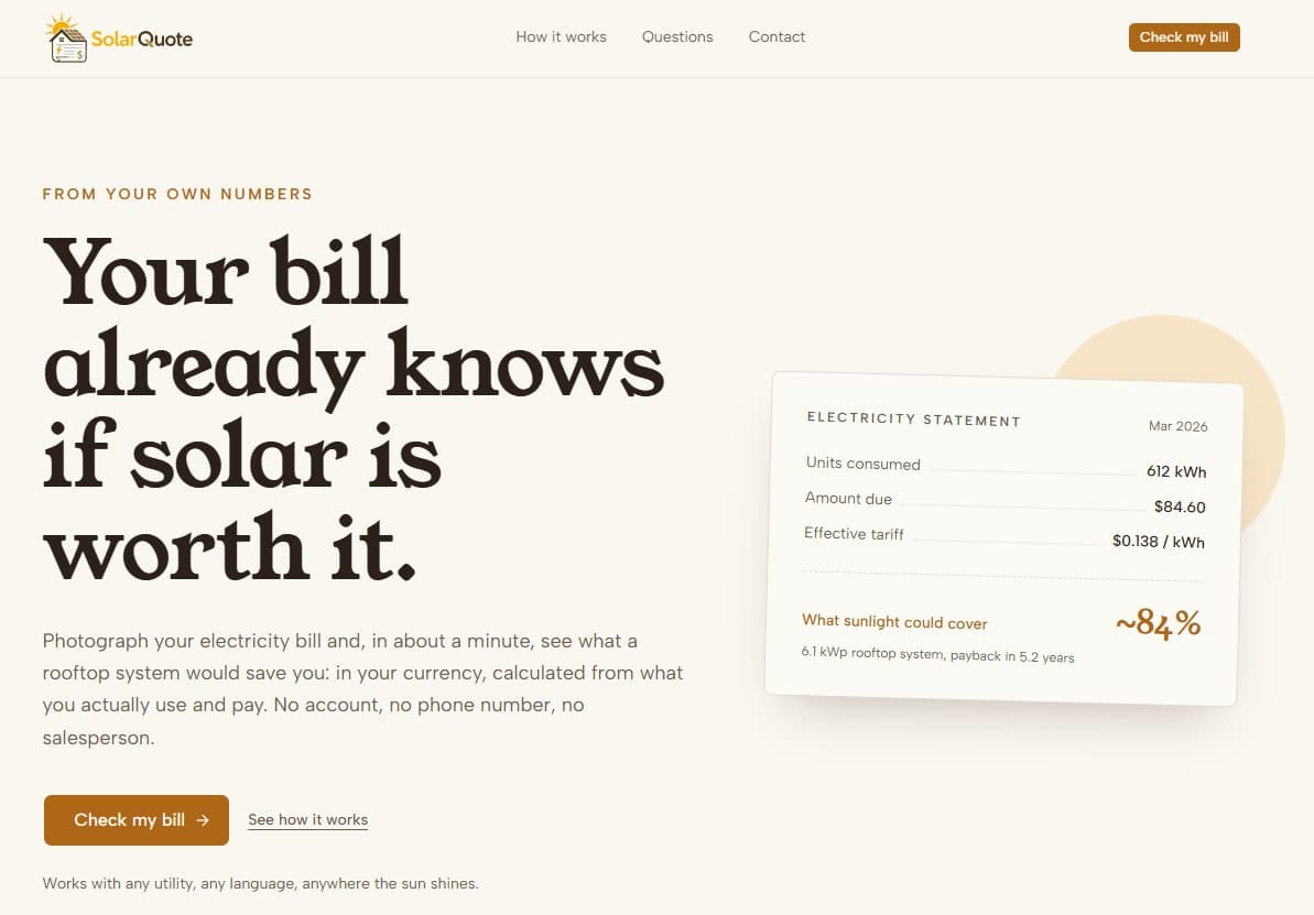 SolarQuote landing page with a sample electricity statement and solar coverage
