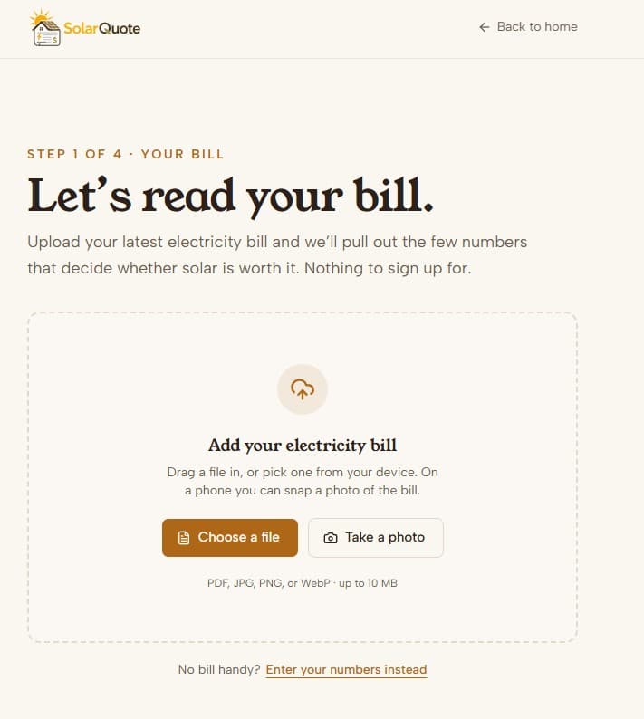 SolarQuote step 1 — upload your electricity bill
