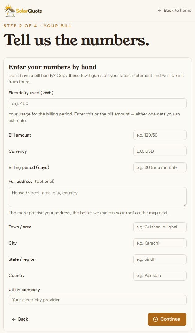 SolarQuote manual-entry fallback form