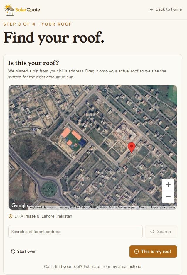 SolarQuote satellite map with a draggable roof pin