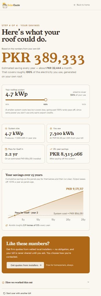 SolarQuote savings result with system size, payback, and a 25-year projection chart