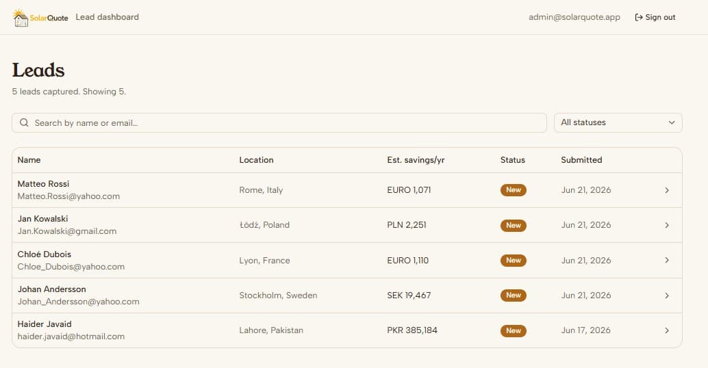 SolarQuote lead dashboard listing captured leads