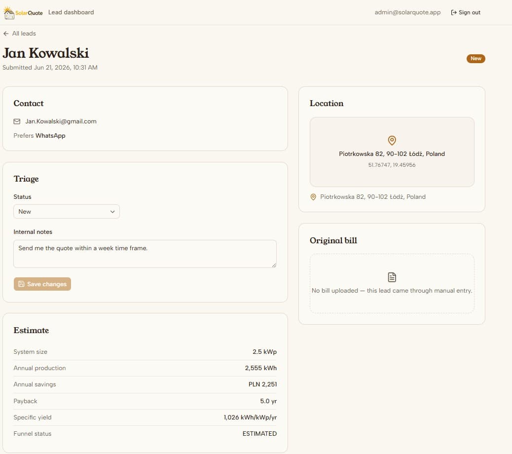 SolarQuote lead detail with estimate and original bill
